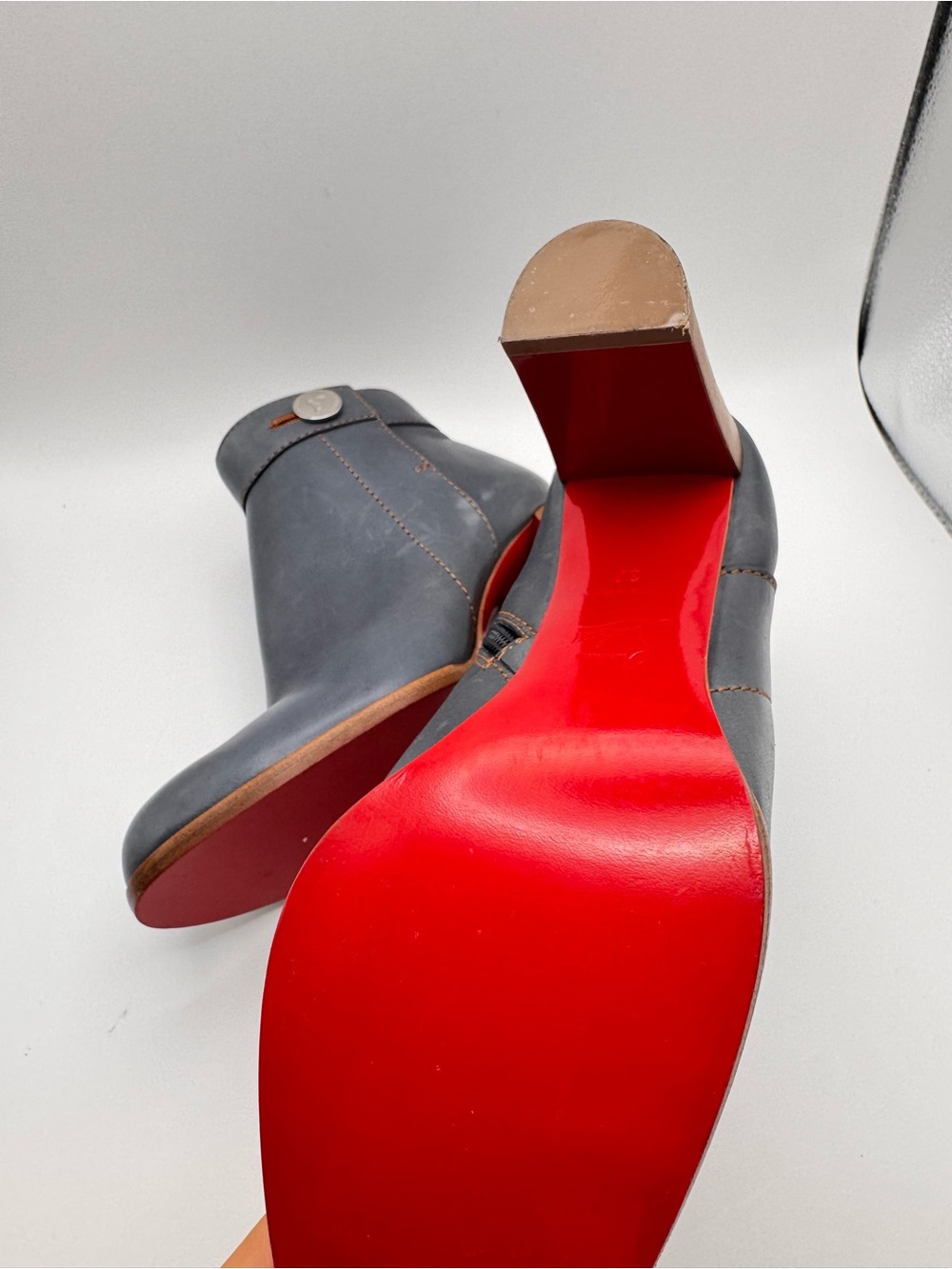 Christian Louboutin Janis Button Gray Leather Ankle Boots Red Sole size 37 calf - Picture 9 of 10